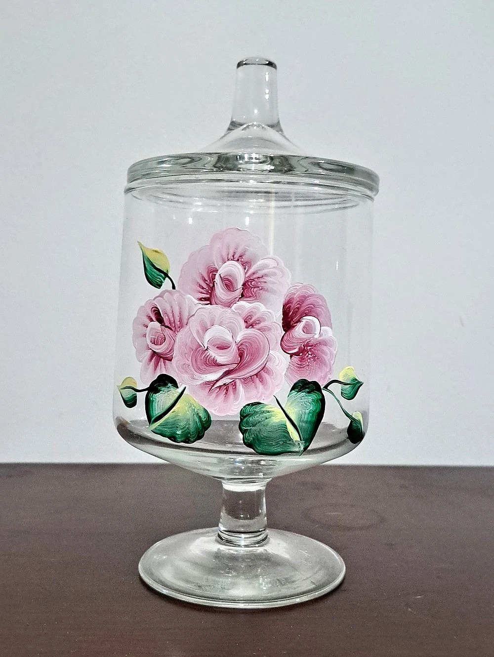 Hand Painter Floral Glass Pedestal Vase in Clear & Pink
